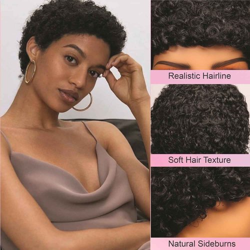 Msviki Short Curly Pixie Cut Wigs with Bangs Human Hair for Black Women Non Lace Full Machine Made Cap Human Hair Pixie Wig Brazilian Virgin Glueless Bob Wig Short Layered Wigs For Women