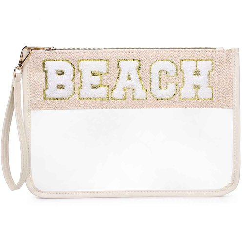 Pinkmik Chenille Letter Clear Zipper Pouch for Travel Clear Snack Bag Beach Cosmetic & Toiletry Makeup Bag for Women (BEACH)