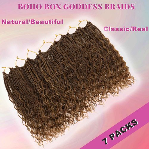 Goddess Bohemian Box Braids Crochet Hair 7 Packs 24 Inch Boho Crochet Braids for Black Women Pre Looped Braiding Hair with Curly Ends, M33/30/27