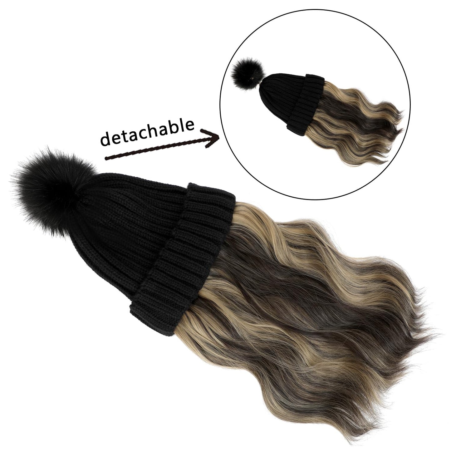 Cephermer Women Beanie Hat with Hair Attached Warm Knitted Pom Cap Attached 14inch Long Wavy Curly Hair Extensions Synthetic Hairpiece