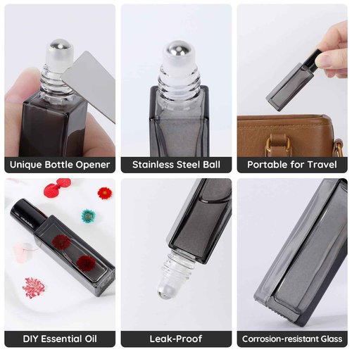 Segbeauty 0.34oz Empty Rollerball Bottles for Oil, 10ml Glass Roller Bottles for Essential Oils, Pack of 5 Clear Black Travel Size Roller Ball Applicator Leakproof, Travel Perfume Bottle Refillable