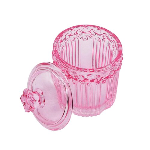 2 Pack Qtip Holder Glass Apothecary Jars with Lids Set, Crystal Q-tip Canister Jar Bathroom Vanity Organizer for Cotton Ball, Cotton Swab, Floss, Candy - Clear (Pink)