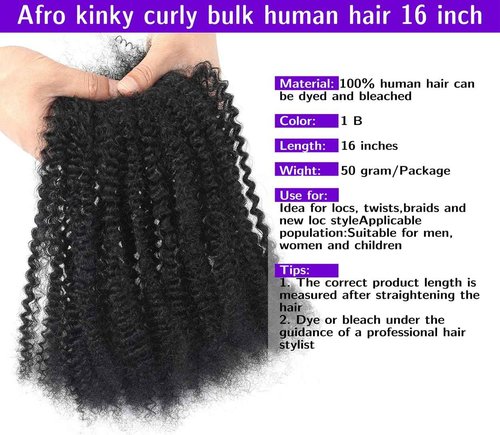 16 Inch Afro Kinky Curly Human Hair Bulk for Permanent Micro Locs/Twists/Braids/Repair Locs Afro Kinky Curly Bulk Human Hair Nature Black Color (1B, 16inch-50g/pack)