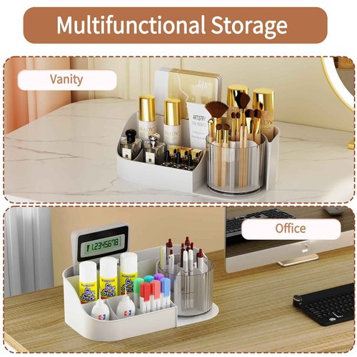 NATURE'S SOURCE Rotating Makeup Organizer Countertop for Vanity with Makeup Brush Holder, Large Capacity, Grid Design, 360° Rotatable Skincare Organizer Perfume Tray for Dresser, Bathroom (White, 1T)