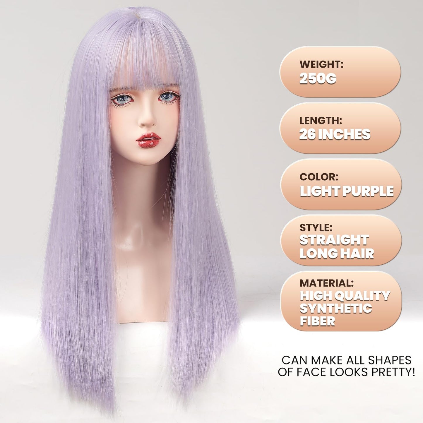 EMMOR Light Purple Wig With Bangs For Women Long Straight Wigs Synthetic For Girls Halloween Party Cosplay And Daily Use(26" Light Purple)