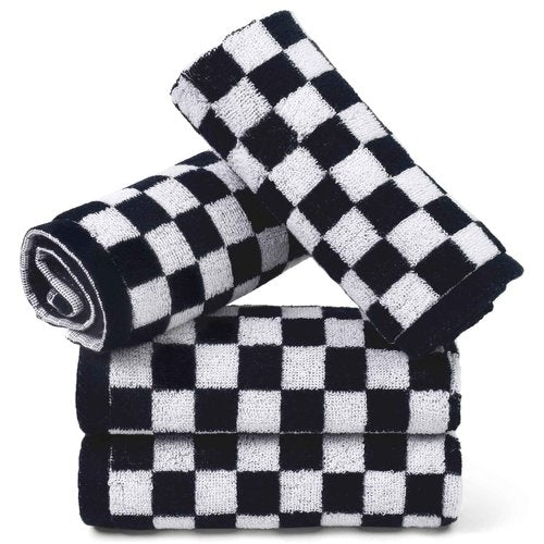 Jacquotha Wash Cloths Checkered 4 Pack (Black and White) - Cotton Washcloths for Face Body, 13 x 13 Inches Daily Cleansing Kitchen Towels