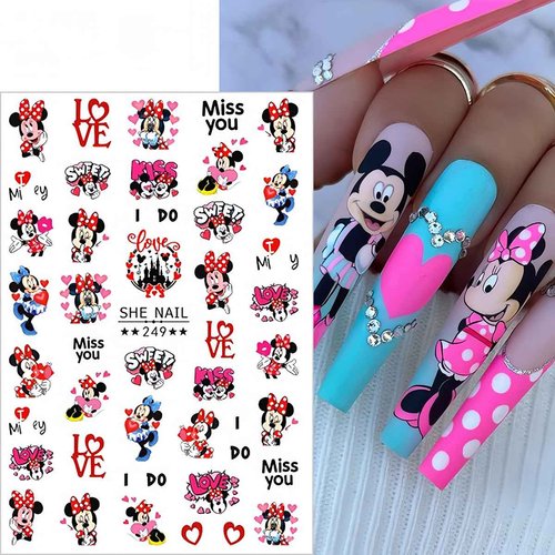 Cute Nail Art Stickers 6 Sheets - 3D Self Adhesive Cartoon Nail Decals for Valentine's Day - Heart Kawaii Charms for Women Girls - Nail Decoration Supplies