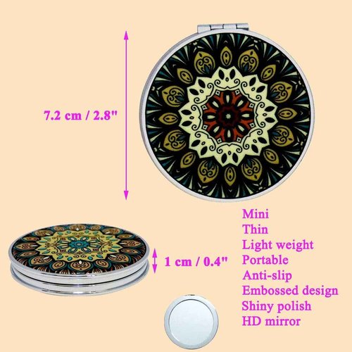 Beaufy Small Compact Mirror Magnifying Travel Pocket Mirrors Handheld Foldable Mini Size with 1x 2X Magnification for Purse Handbag - Embossed Mandala Design for Girls Women Pack of 6