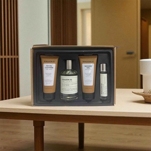 Stallion 53 Eau de Parfum Gift Set, 4-in-1 with Facial Cleanser and Shower Gel, 3.4 fl oz, Woody Fragrance