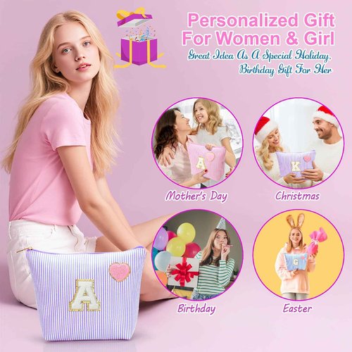 YILANCOL Initial Makeup Bag Personalized Preppy Cosmetic Bag Trendy Toiletry Travel Bag For Teen Girls Kids Women Letter Makeup Pouch Purse Holiday Gifts Birthday Christmas Gifts 2pack (K, Blue)
