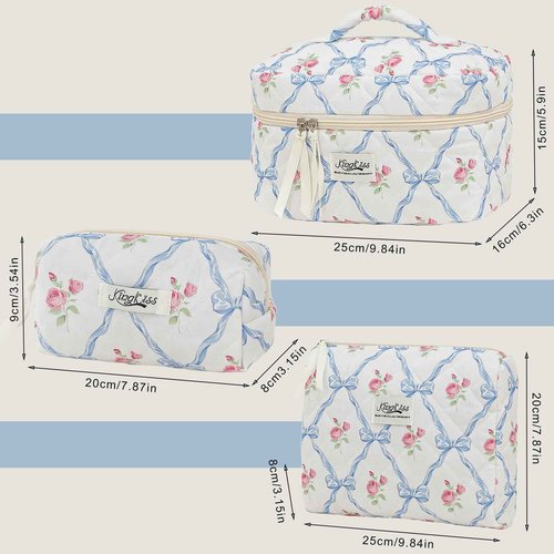 kingkiss Makeup Bag, Quilted Cosmetic Bag, Large Capacity Make Up Bag for Women, Cute Floral Storage Toiletry Bag Travel Storage Makeup Bag(Blue)