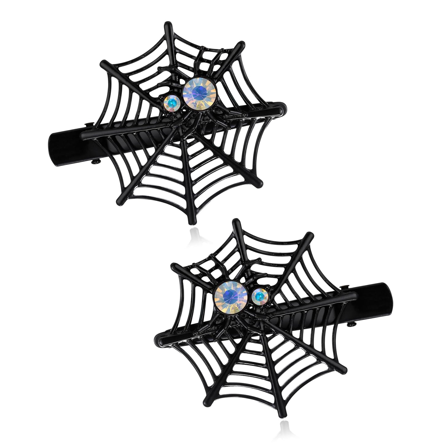 EVER FAITH 2 Pcs Halloween Hair Accessories Crystal Spider Web Hair Clip Pin Cosplay Party Gothic Animal Jewelry for Women Iridescent AB Black-Tone