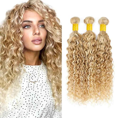 P27/613 Highlight Blonde Bundles Water Wave Bundles Human Hair 24 26 28 Inch Unprocessed Brazilian Virgin Weave Hairs Honey Blonde 3 Bundle 50 Gram Per Bundle Human Hair Extensions