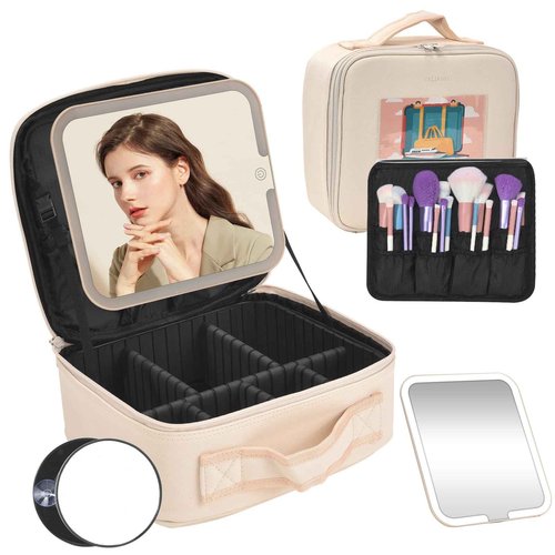 Travel Makeup Bag with LED Mirror,Removable Mirror with 3 Color Modes,Portable makeup travel organizer for Women,Makeup Case with 8 Adjustable EVA Dividers,Cosmetic Train Case with Lighted Mirror