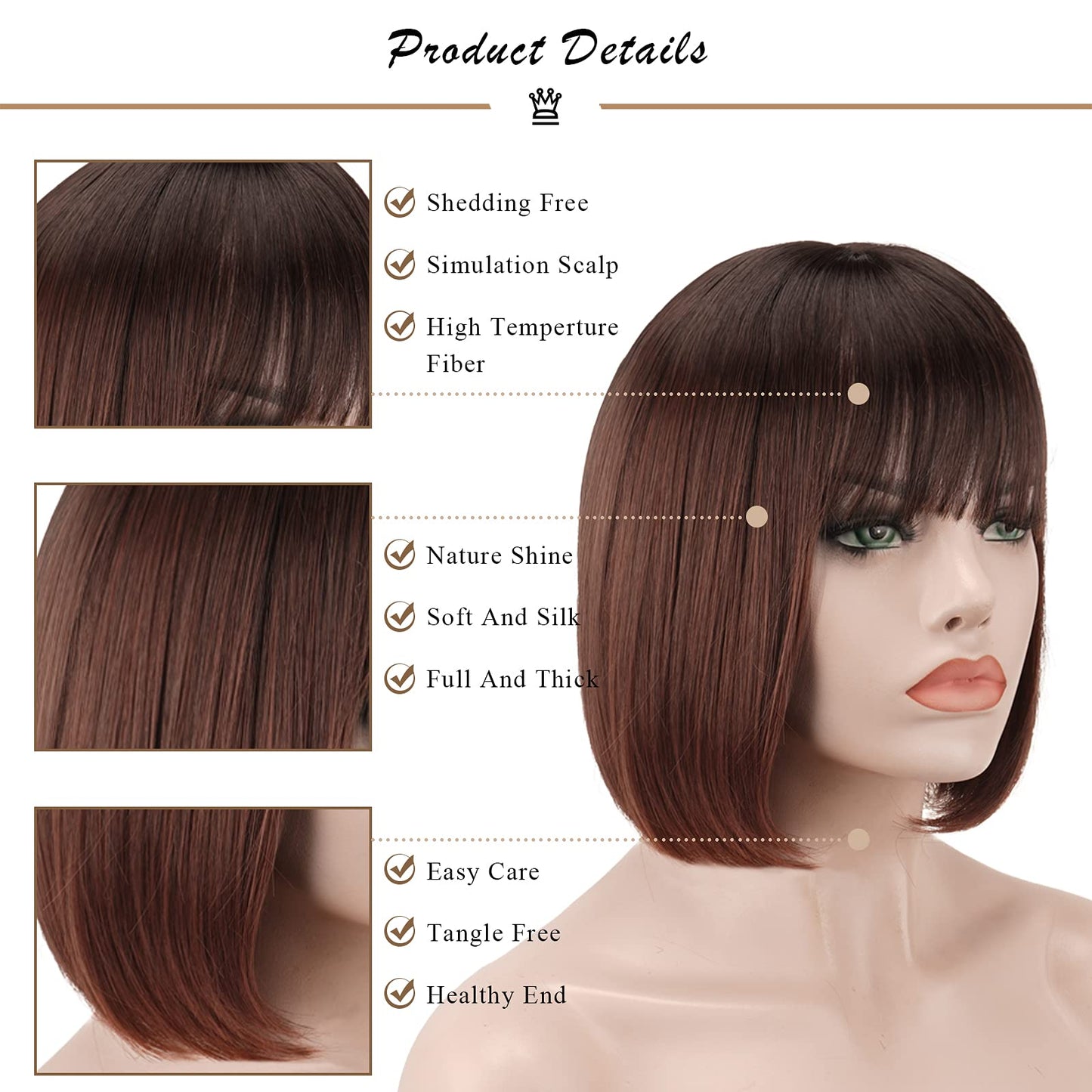 SOFEIYAN Short Straight Bob Wigs with Bangs 11 inch Synthetic Daily Party Cosplay Hair Wig for Black Women, Ombre Auburn