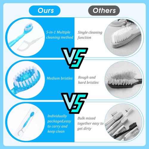 Wanmu 50 Pack Disposable Mini Travel Toothbrushes, 5 in 1 Tool Brush+Floss+Pick+Tongue Scraper, Bulk Toothbrushes Individually Wrapped Prepasted Toothbrush, On The Go Toothbrush with Freshening Bead