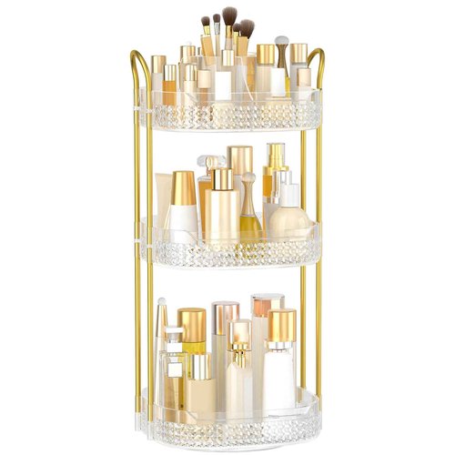 BOCONY Rotating Makeup Organizer for Vanity 3 Tier, Perfume Organizer with Makeup Brush Holder, Large Capacity Cosmetics Clear Skincare Organizer for Countertop (Transparent)