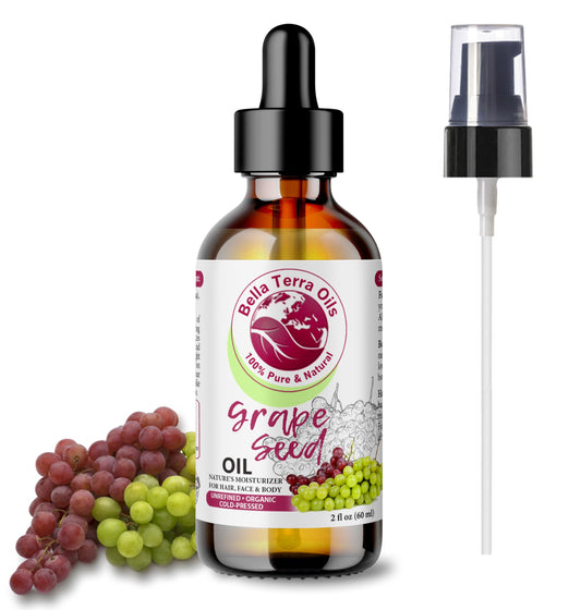 Bella Terra Oils - Organic Grape Seed Oil 2oz - A Symphony of Vitamins & Fatty Acids, Cold-Pressed, Unveiling Organic Grape's Skin-Enriching Secrets