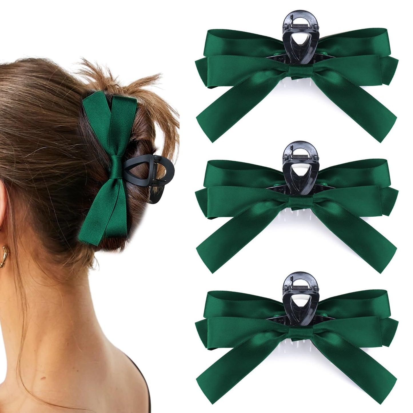 Vodolo Green Bow Hair Claw Clip for Women Girls,3PCS Nonslip Big Bows Hair Claws Barrette for Thick Thin Hair