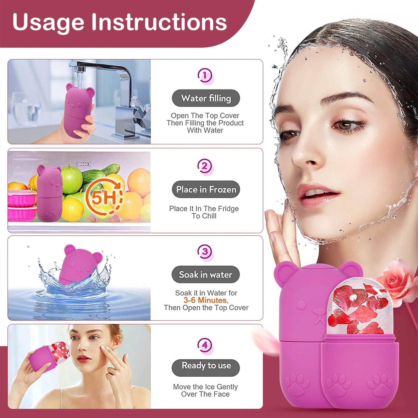 ZUKIMM Ice Roller for Face & Eye, Facial Cold Massage Freezer Rollers, Multi-Functional Silicone Ice Face Mold Skin Care Tools for Puffiness Relief, Shrink Pores & Remove Fine Lines (Rose Red)