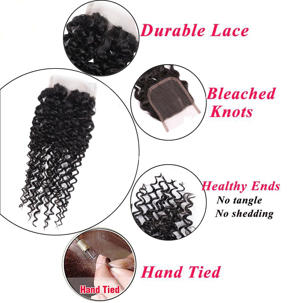 Amella Hair Brazilian Curly Human Hair Bundles with Closure Grade 8A Virgin Unprocessed Brazilian Hair Weave Bundles with Closure Free Part 16 18 20 with 16" Closure