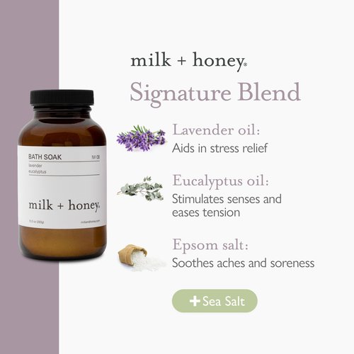 milk + honey No. 8 Calming Bath Soak – Moisturizing Epsom Salt with Lavender & Eucalyptus – Relaxing Aromatherapy Soak for Sore Muscles, Dry Skin & Stress Relief – 10 oz
