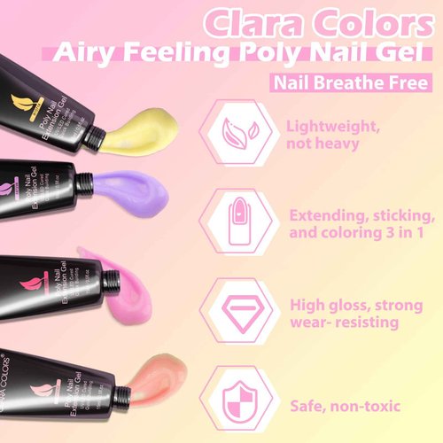 Clara Colors Polygel Extension Gel Nail Kit - 8 Colors Polygel Nail Kit with 48W Power Nail Lamp Nude Clear White Pink All In One Polygel Nail Kit Starter Kit for Beginners with Slip Solution and Tool