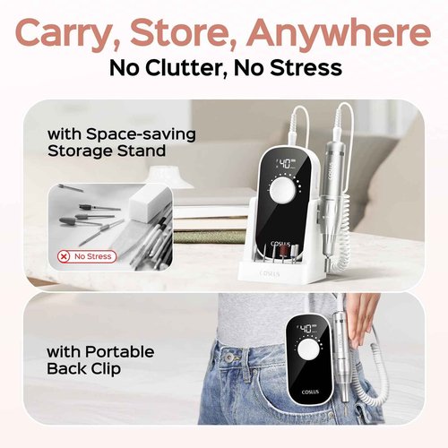 COSLUS Electric Nail Drill Professional: 40000 RPM Rechargeable Nail File with Stand for Acrylic Gel Nails - Stable & Smooth Grinding, Easy to Use, Ideal for Beginners Women, Home DIY and Salon, White