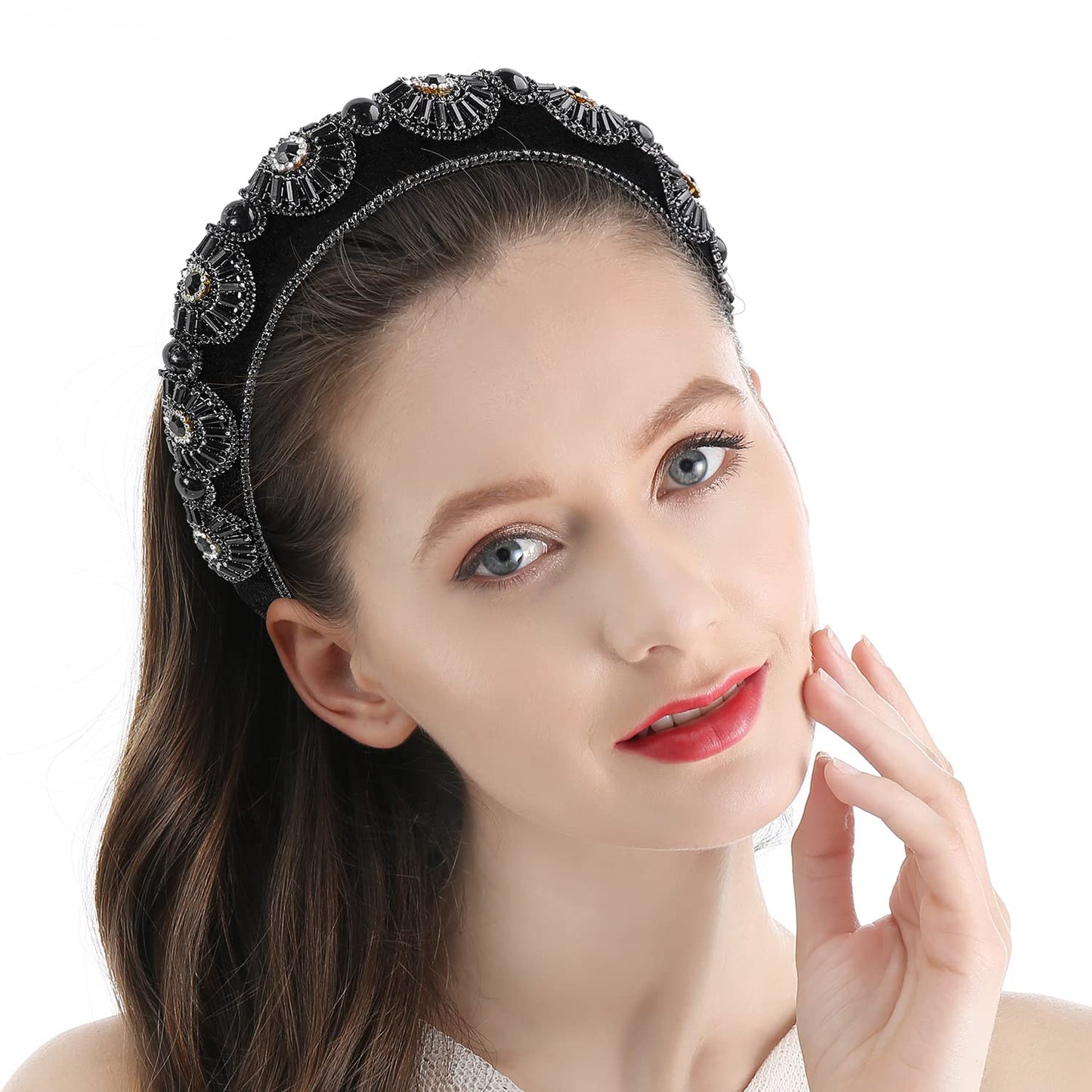 QIANXUAN Crystal Rhinestone Headbands For Women White Pearl Headbands For Girls Padded Headband Black Velvet Jewelry Chain Hairband Handmade Pearly Flower Retro Filling Diamond Hair Accessories