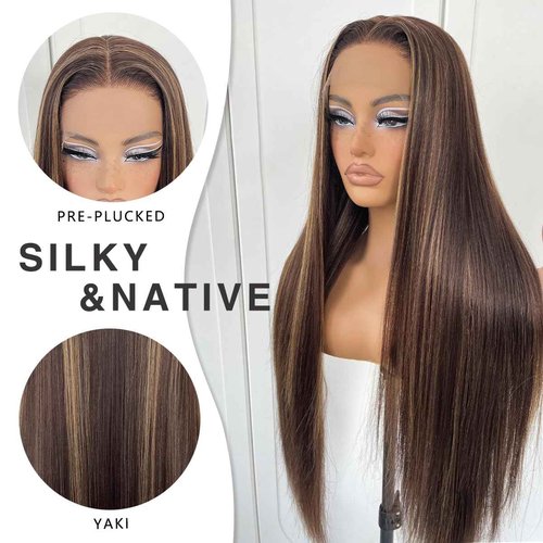 MITIMES 4/27 Highlight Ombre Lace Front Wig Pre Plucked 180 Density Honey Blonde Long Straight Lace Front Wigs Synthetic Glueless Straight Highlight Lace Front Wig 32inch
