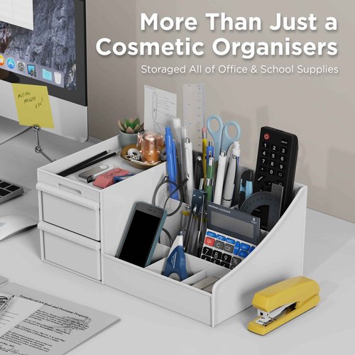 DancesCat Makeup Organizer Countertop, Vanity Organizer with 2 Drawers for Cosmetics, Skincare, Brushes, Perfume, Skincare Organizer for Vanity, Perfume Organizer for Dresser, Bathroom (White)