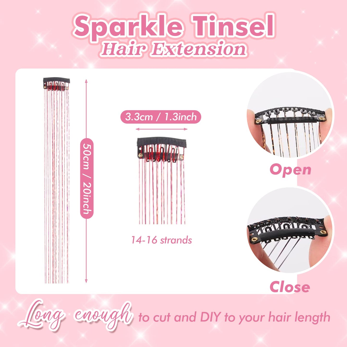 6 Pcs Clip in Hair Tinsel Kit, 20 Inch Glitter Fairy Hair Tinsel Extensions Shiny Hair Tensile Heat Resistant, Hair Accessories Sparkle Strands Kit, Festival Gift for Women Girls Kids (Red)