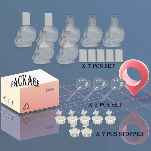 MINELEVEN 7 pcs Set 10ml Mini Skull Glass Oil Roller Bottles Leakproof Essential Oils Bottle for Storage and Travel (transparent)