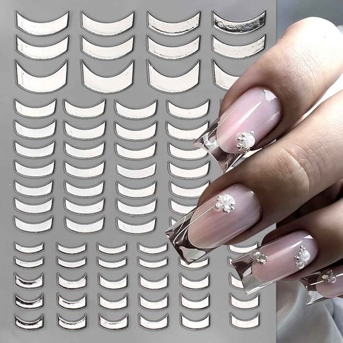 8 Sheets French Stripe Line Nail Stickers 3D Self-Adhesive Metal Strip French Nail Decals Gold Silver Geometric Waved Nails Design French Line Nail Supplies for Women DIY Nail Decoration Kits