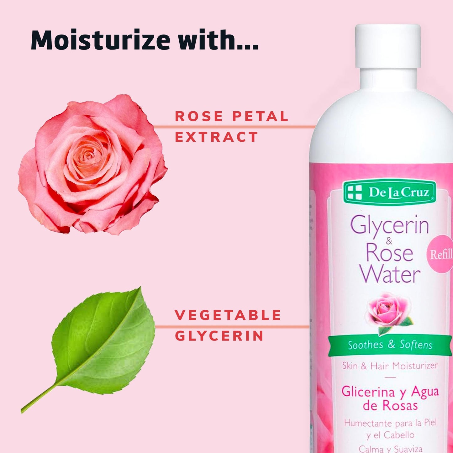 De La Cruz Rose Water and Glycerin for Face - Rosewater Facial Toner and Moisturizer for Skin and Hair Refill Bottle 16 fl oz. (473 mL) - 1 Bottle