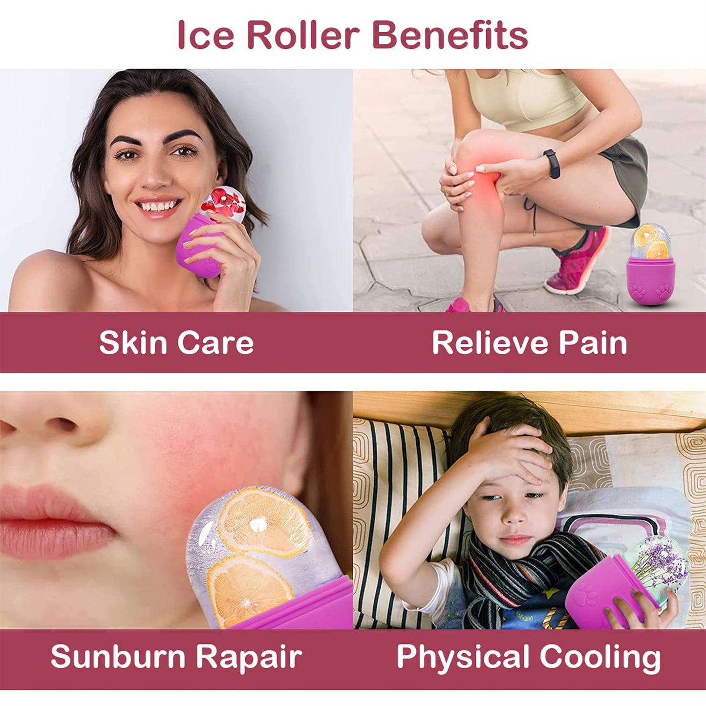 ZUKIMM Ice Roller for Face & Eye, Facial Cold Massage Freezer Rollers, Multi-Functional Silicone Ice Face Mold Skin Care Tools for Puffiness Relief, Shrink Pores & Remove Fine Lines (Rose Red)