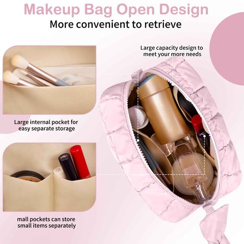 Gosect Puffy Quilted Makeup Bag, Cute Checkered Cosmetic Bags with Divider, Waterproof Travel Toiletry Bag, Make up Pouch for Women & Girls Travel Essentials (Bow, Pink, Medium)