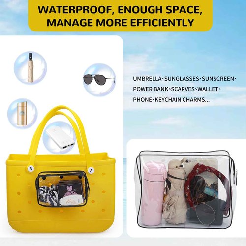 Retooler 4 Packs Clear Bogg Bag Accessories with a Pair of Arm Sleeves and 2 Packs Decoration Charms for Bogg Bag Beach Tote Bag Travel Cellphone Makeup Clean Toiletry Brush Cosmetic Organizer- Black
