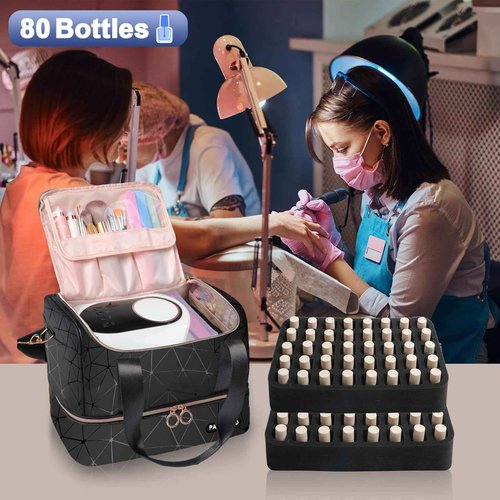 Partreko Nail Polish Organizer Holds 80 Bottles (15ml/0.5 fl.oz)& Nail Lamp, PU Leather Nail Organizers and Storage Bag with Shoulder Strap, Portable Nail Supplies Kit Organizer Carrying Case (Black)