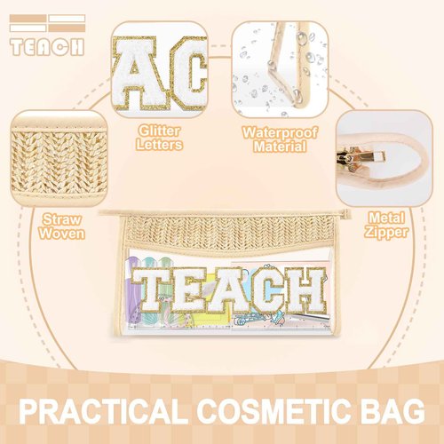 Teacher Appreciation Gifts Boho Straw Clear Makeup Bags, Zipper Cosmetic Bag Chenille Letter Patch Bag, Preppy Cute Beach Toiletry Pouch, Trendy Graduation Retirement Birthday Teacher Gifts for Women