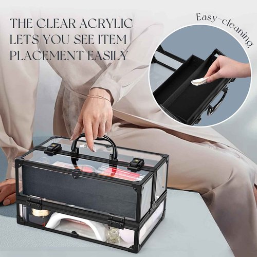 FRENESSA Portable Makeup Case Cosmetics Display Toiletry Organizer Box Transparent Acrylic Artists Train Case with 4 Trays Travel Makeup Tools Storage for Vanity Counter Dresser Organizer Black