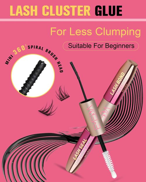 EMEDA Lash Cluster Glue, Lash Bond and Seal for DIY Eyelash Extensions 2-in-1 Bond and Seal Strong Cluster Glue for Individual Eyelashes Latex Free (Black+Clear)