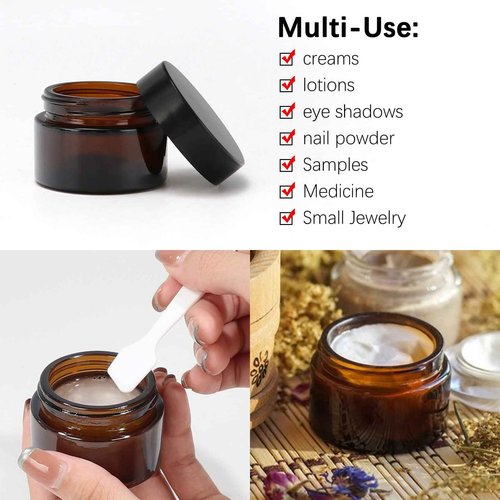 Keketin 1 oz Amber Glass Jars,24 Pack Empty Cosmetic Containers with Black Screw Lids,Refillable Round Cream Jars for Lotion,Bath Salts,Travel