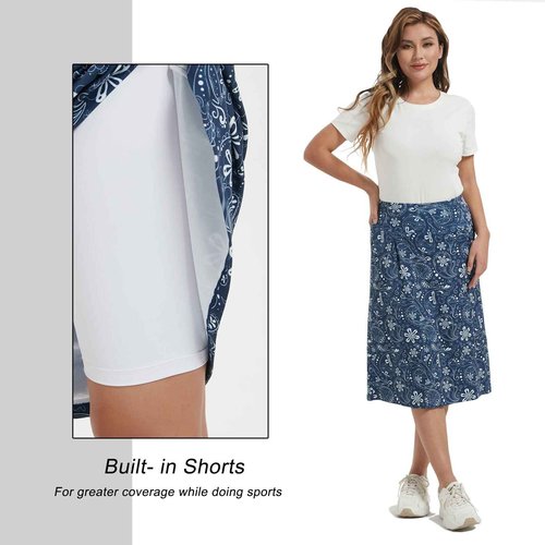 NOOYME 28" Skorts for Women with 3 Pockets Modest Knee Length Athletic Midi Skirts (Medium,Navy)