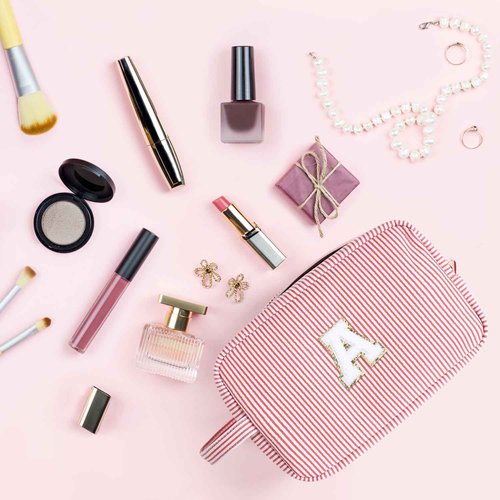 Etercycle Large Makeup Bag, Personalized Initial Cute Pink Makeup Case Bag Cosmetic Large Toiletry Make Up Bags With Zippered Inside Pocket L