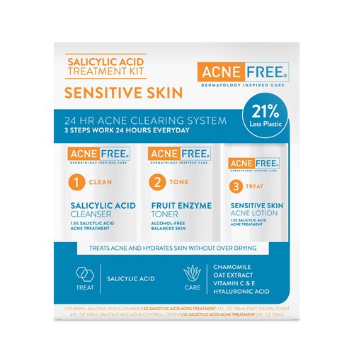 AcneFree 3 Step Acne Treatment Kit Salicylic Acid Acne Face Wash and Alcohol Free Toner with Benzoyl Peroxide Lotion, Anti Acne Solution for Teenagers and Adults for Sensitive Skin, 3 Piece Set, Tea Tree