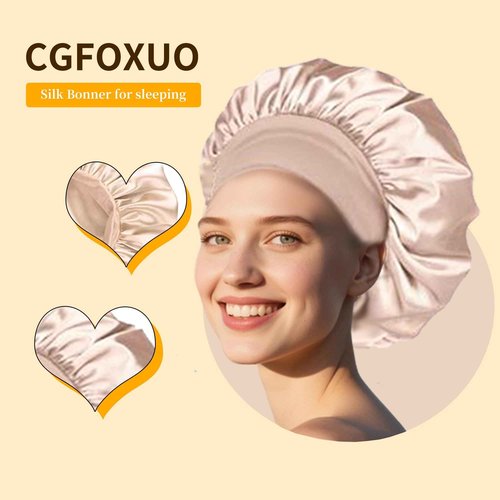 Silk Bonnet for Sleeping Women Curly Hair Bonnets with Tie Band Double Layer Reversible Sleep Bonnet Silk Hair Wrap Sleep Cap (Beige)