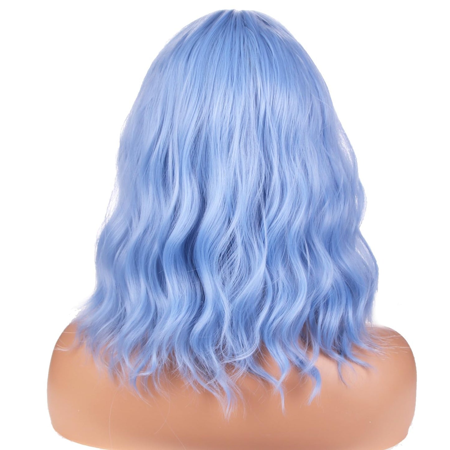 BERON 14 Inches Light Blue Wig for Women Girls Short Curly Wig Synthetic Wig Blue Wig with Bangs Lake Blue Wig with Wig Cap