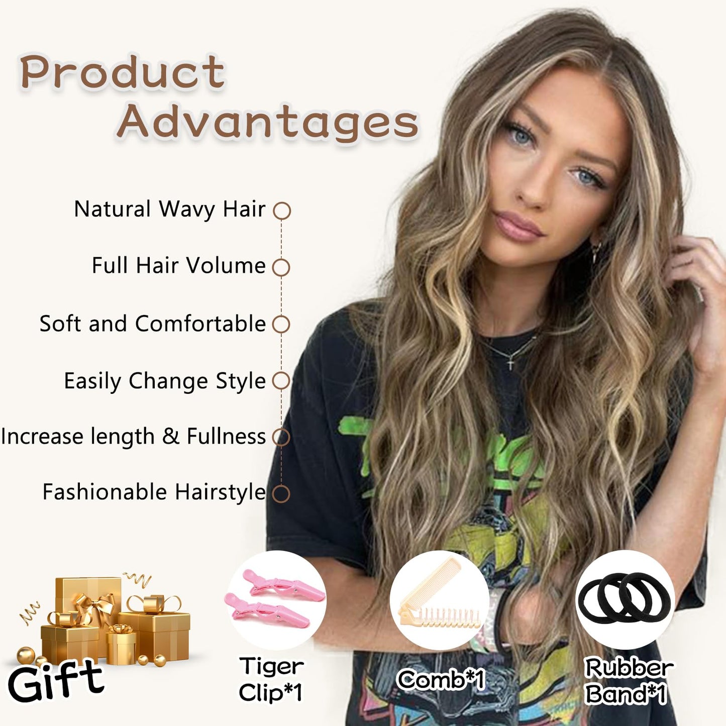 NAYOO Clip in Curly Hair Extensions 4PCS Long Wavy Synthetic Thick Hairpieces with Fiber Double Weft for Women Hair Full Head（20 inch, Brown Mixed Ash Blonde）