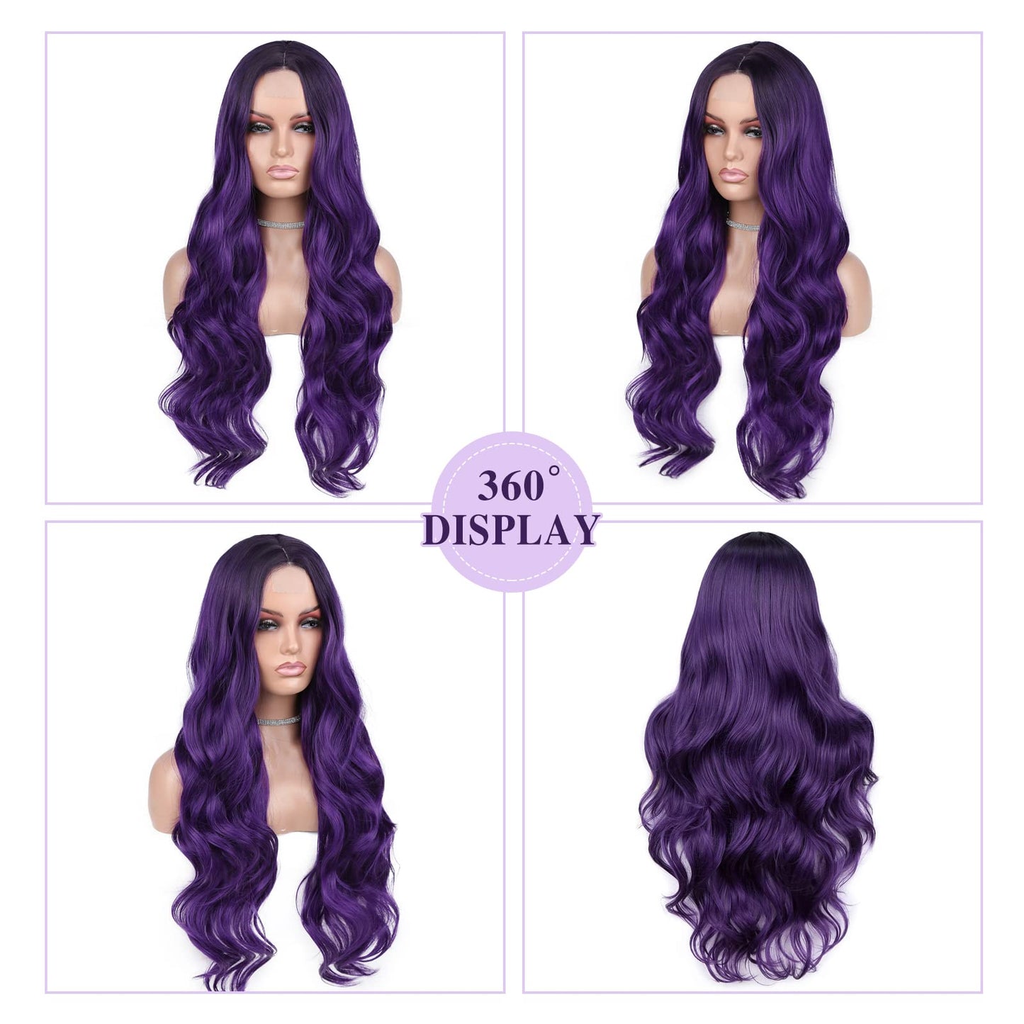 FAVE Ombre Wig Purple Wig Long Curly Wavy Wig Heat Resistant Synthetic Wig Dark Roots Puple Wigs for Women Daily Party Cosplay